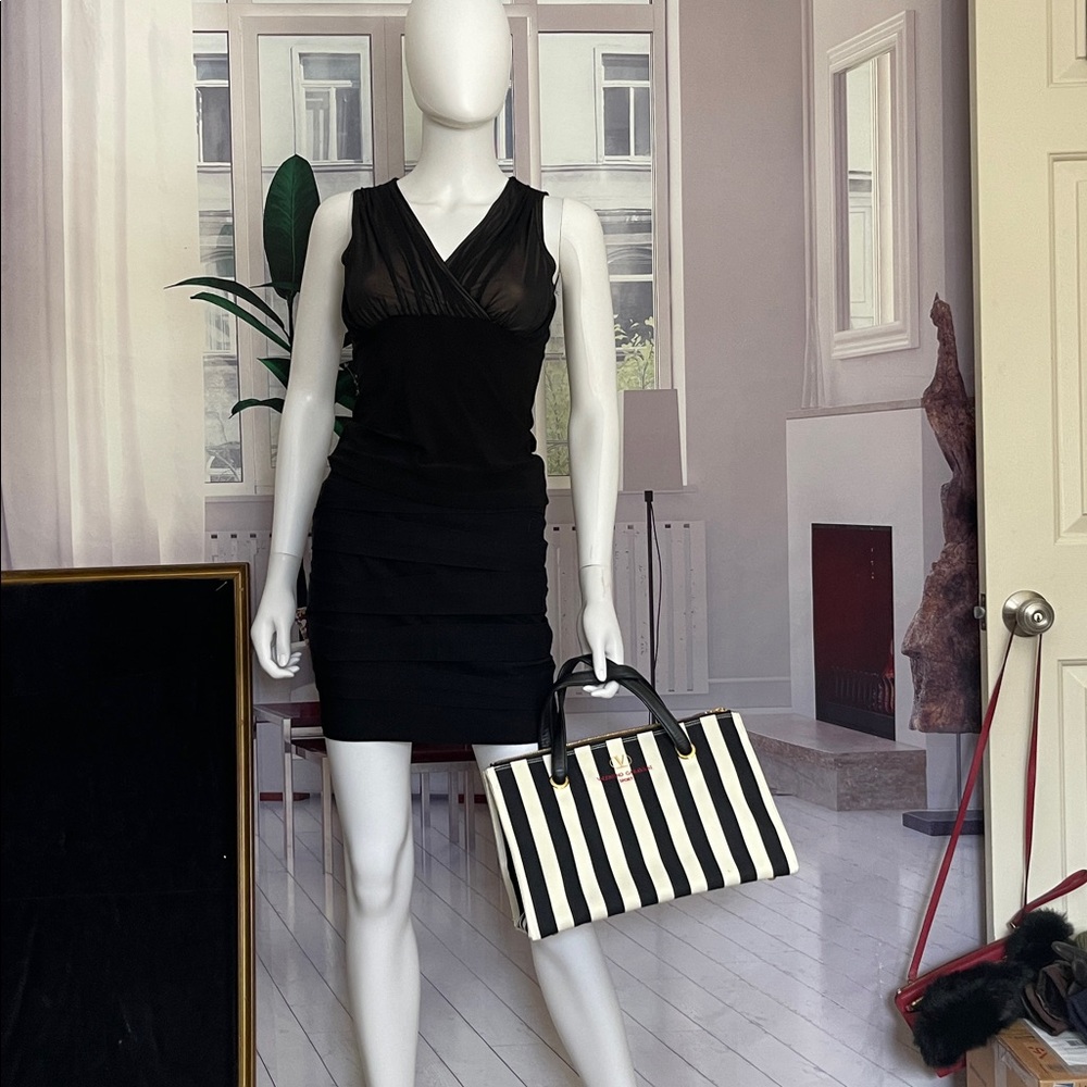 Valentino Garavani Sport Authentic Striped Pattern Canvas Blk & White Tote Bag
